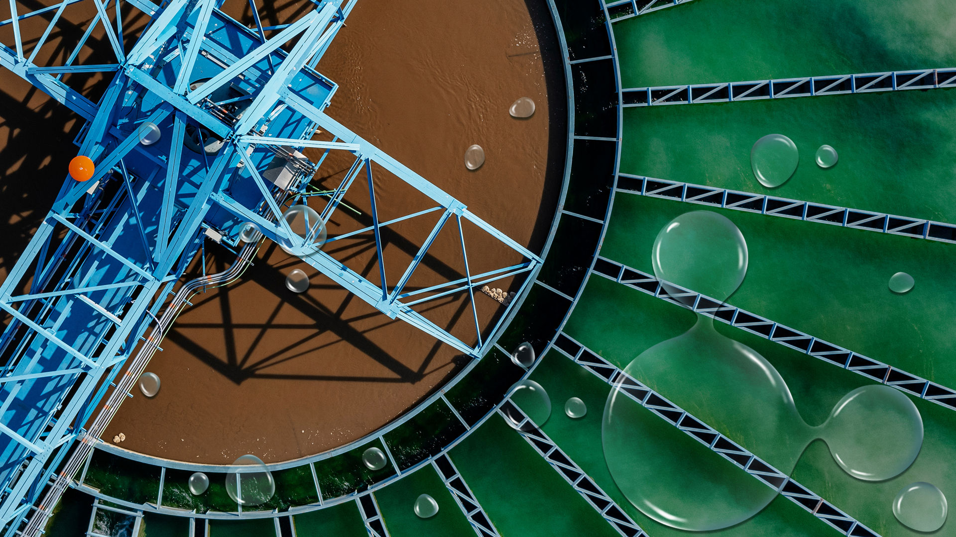 waste water treatment plant birds eye view with blue structure